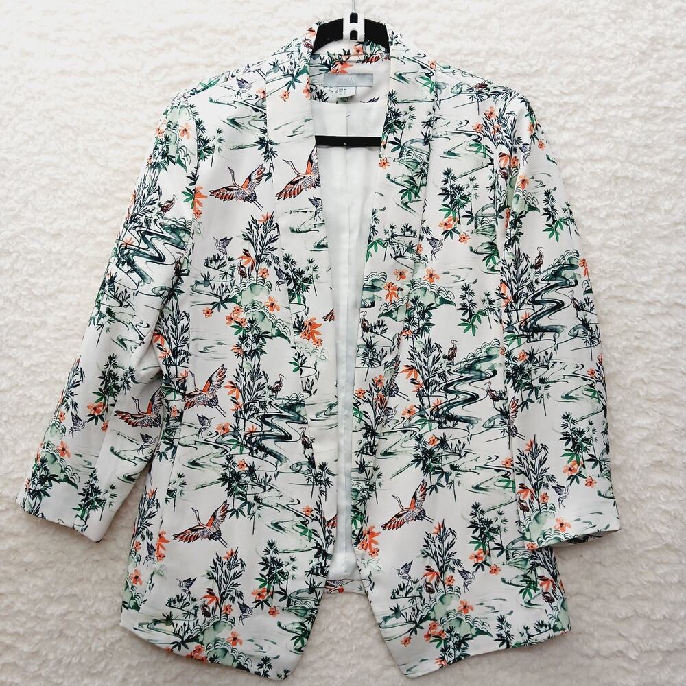 Jacket Open Women HM Flamingo White Coral Tropical Lined Business Cruise Size 14